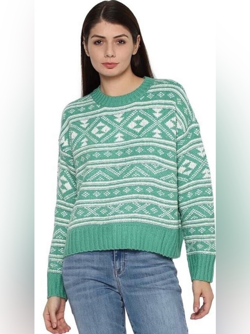American Eagle Fair Isle Snow Drift Green White Cropped Sweater XS - Picture 1 of 9